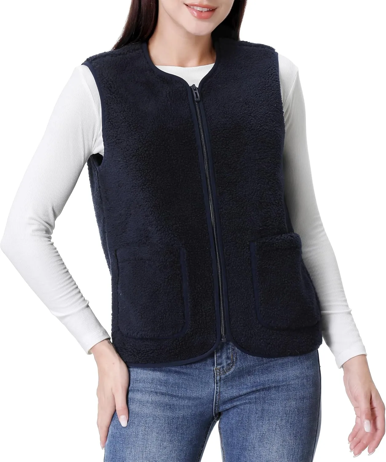GIMECEN Womens Fuzzy Sherpa Fleece Vest Cozy Sleeveless Jacket Full Zip Outerwear Faux Shearling Waistcoat With Pockets