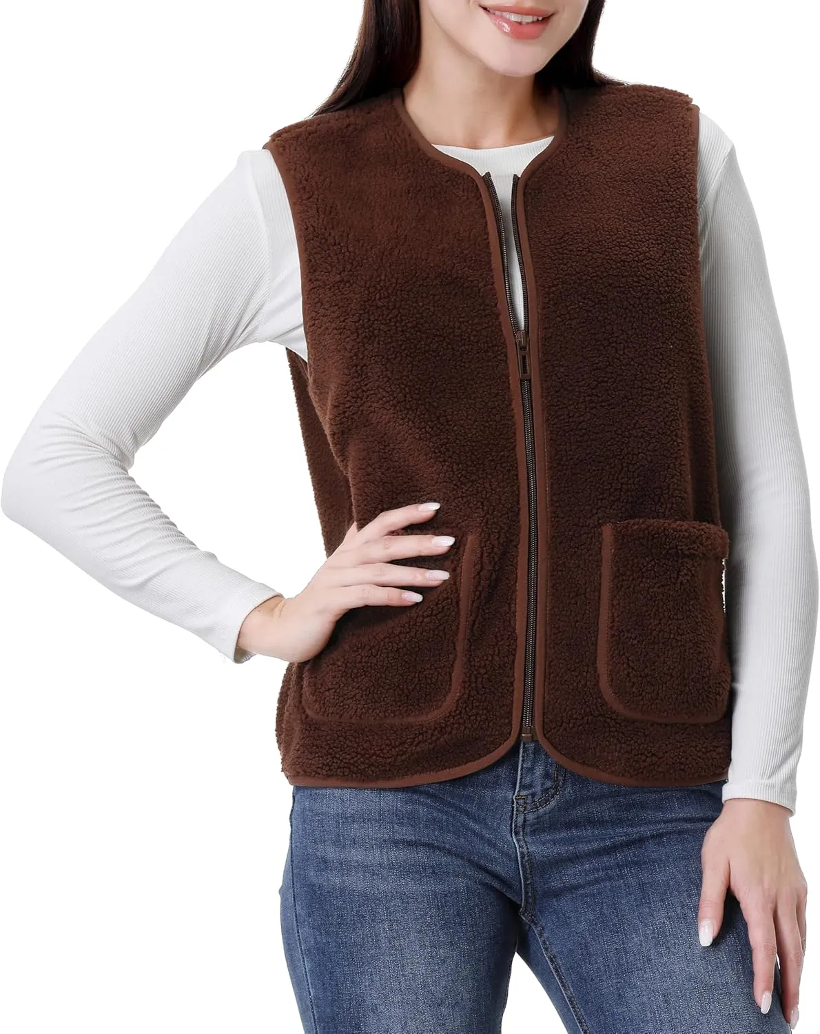 GIMECEN Womens Fuzzy Sherpa Fleece Vest Cozy Sleeveless Jacket Full Zip Outerwear Faux Shearling Waistcoat With Pockets