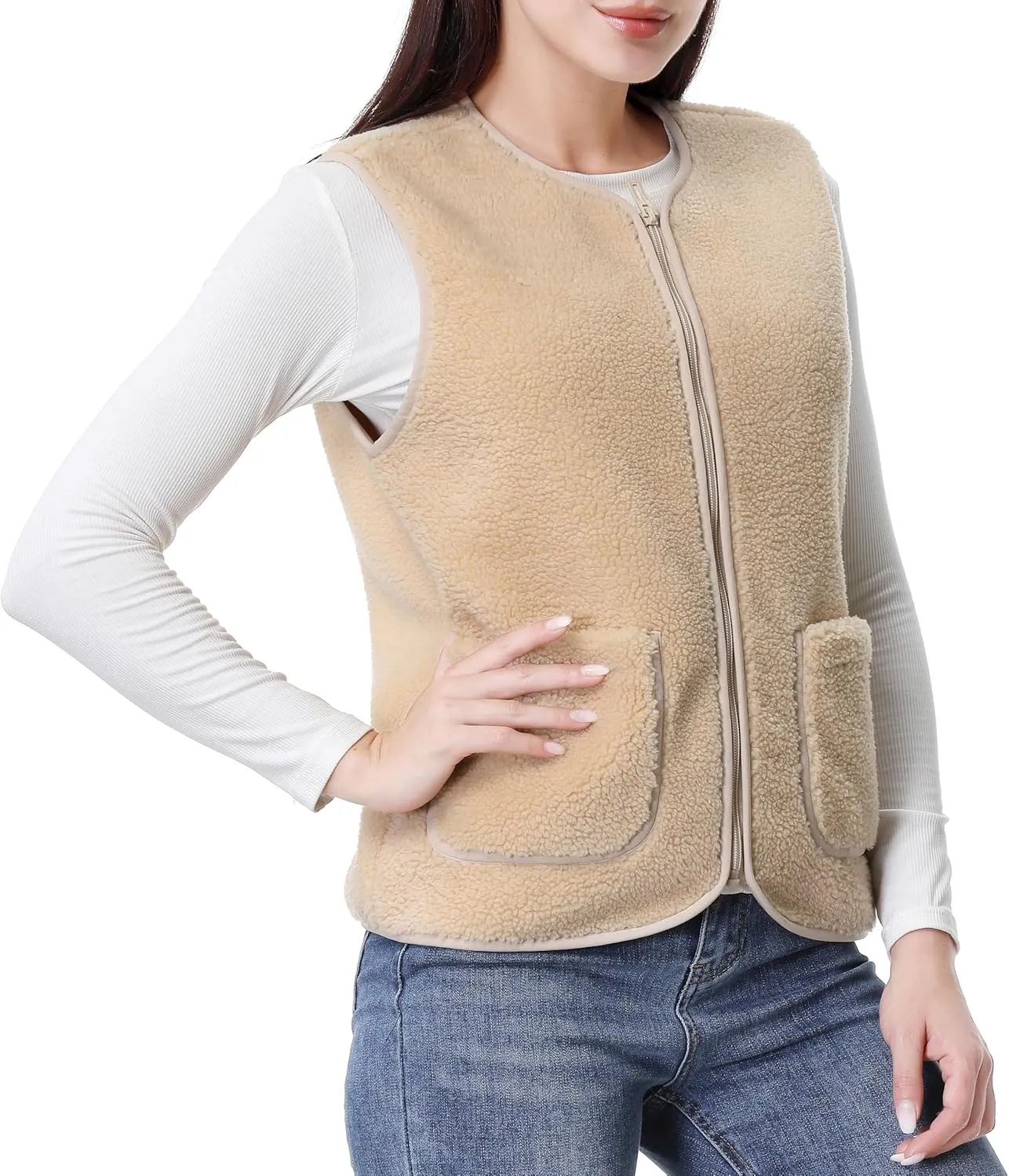 GIMECEN Womens Fuzzy Sherpa Fleece Vest Cozy Sleeveless Jacket Full Zip Outerwear Faux Shearling Waistcoat With Pockets