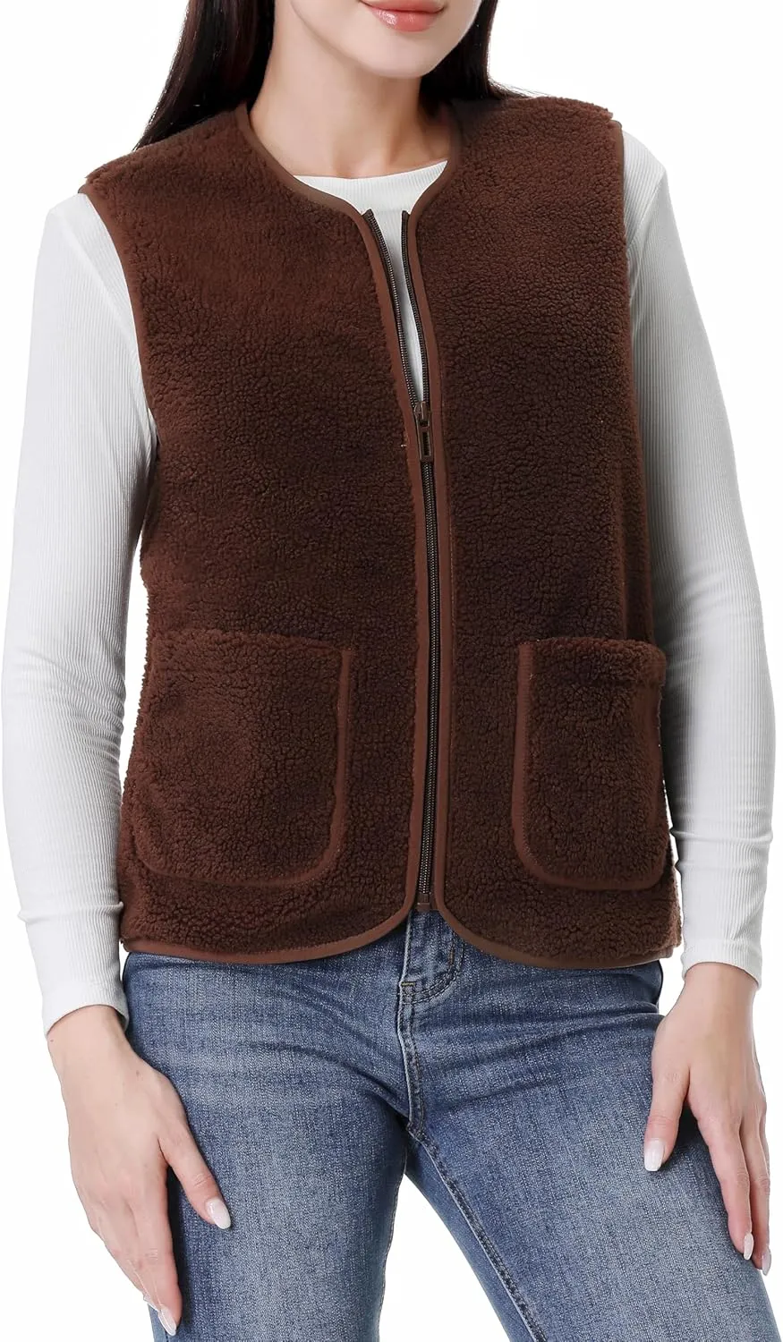 GIMECEN Womens Fuzzy Sherpa Fleece Vest Cozy Sleeveless Jacket Full Zip Outerwear Faux Shearling Waistcoat With Pockets