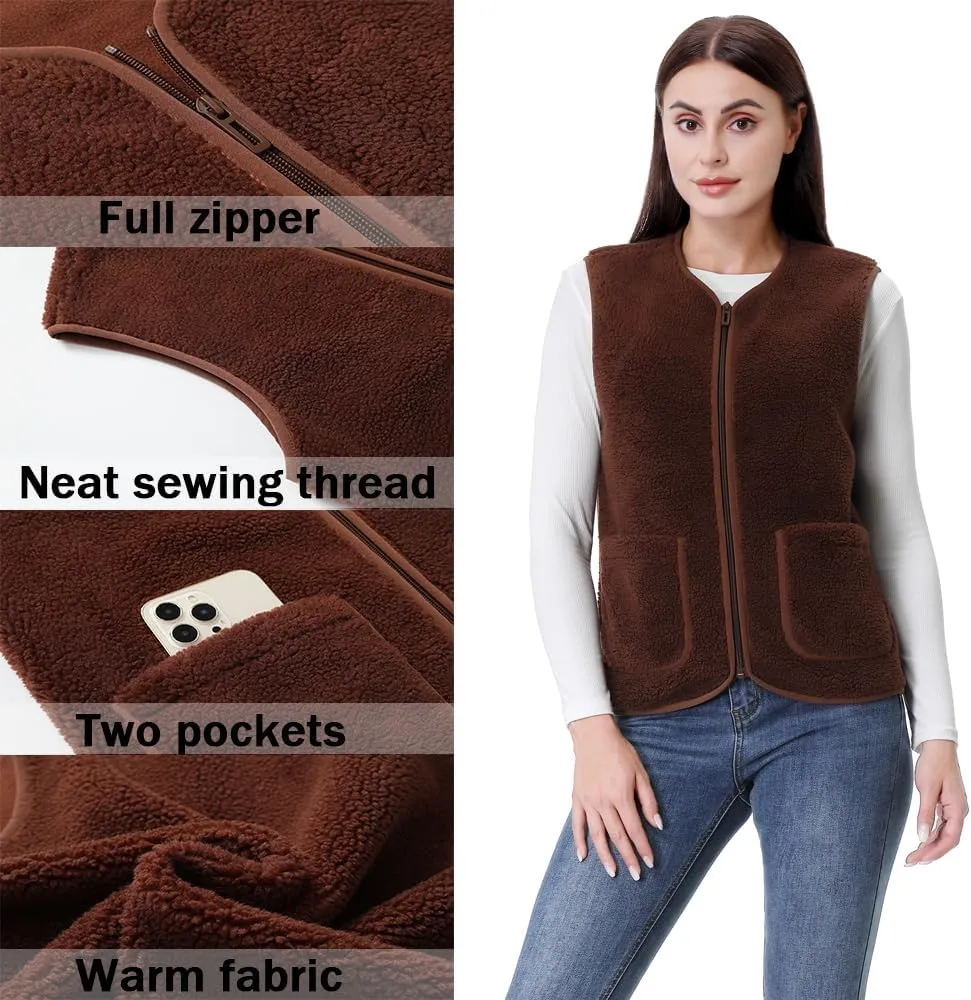 GIMECEN Womens Fuzzy Sherpa Fleece Vest Cozy Sleeveless Jacket Full Zip Outerwear Faux Shearling Waistcoat With Pockets
