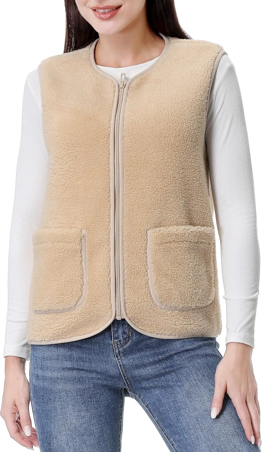 GIMECEN Womens Fuzzy Sherpa Fleece Vest Cozy Sleeveless Jacket Full Zip Outerwear Faux Shearling Waistcoat With Pockets