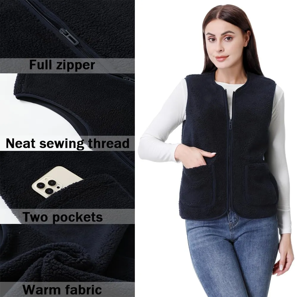 GIMECEN Womens Fuzzy Sherpa Fleece Vest Cozy Sleeveless Jacket Full Zip Outerwear Faux Shearling Waistcoat With Pockets