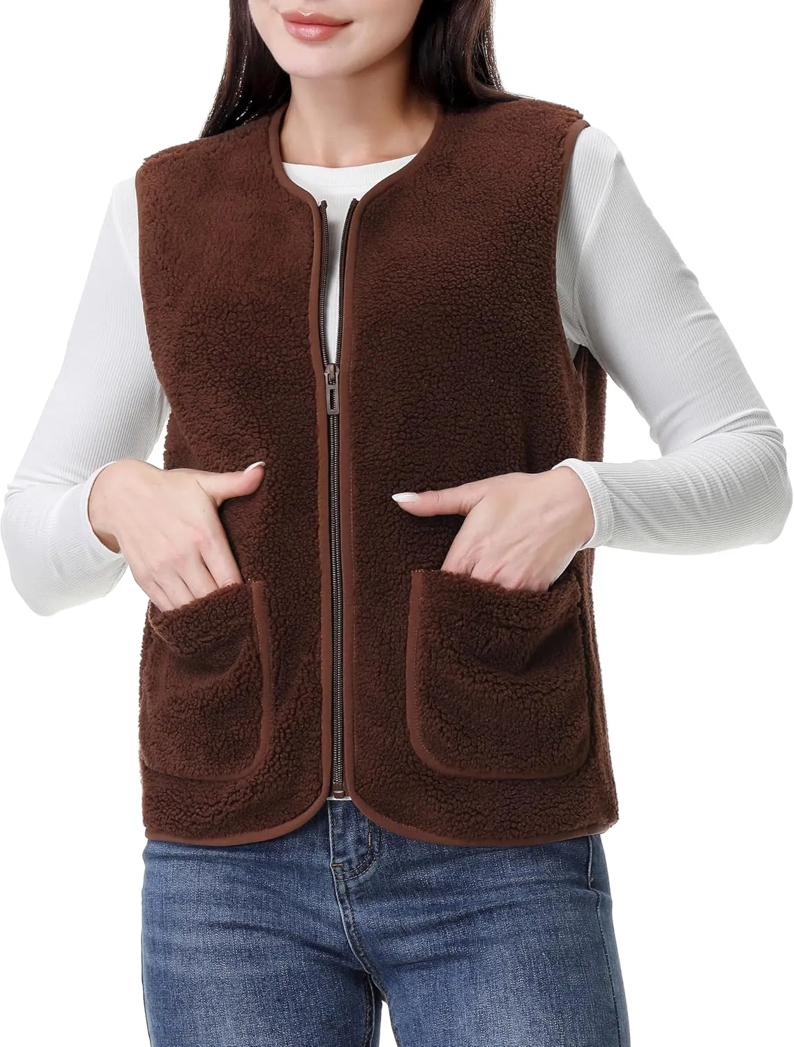GIMECEN Womens Fuzzy Sherpa Fleece Vest Cozy Sleeveless Jacket Full Zip Outerwear Faux Shearling Waistcoat With Pockets
