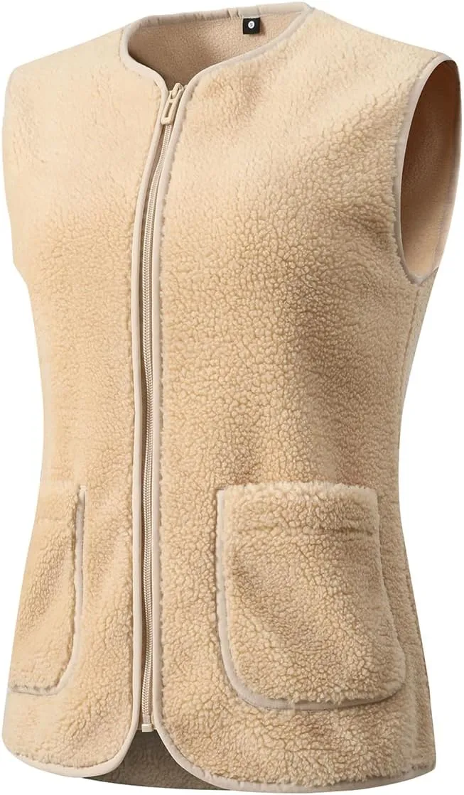 GIMECEN Womens Fuzzy Sherpa Fleece Vest Cozy Sleeveless Jacket Full Zip Outerwear Faux Shearling Waistcoat With Pockets