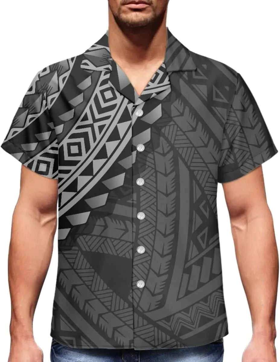 GLUDEAR Men's Summer Polynesian Geometric Button Down Short Sleeve Hawaiian Shirt