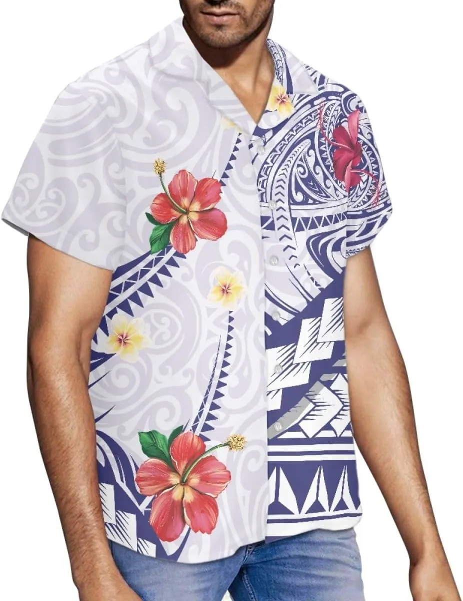 GLUDEAR Men's Summer Polynesian Geometric Button Down Short Sleeve Hawaiian Shirt