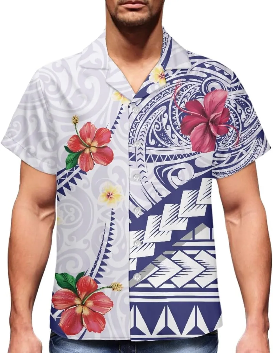 GLUDEAR Men's Summer Polynesian Geometric Button Down Short Sleeve Hawaiian Shirt