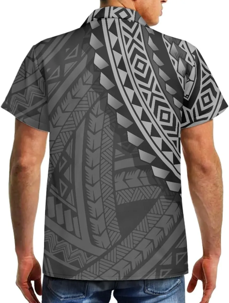 GLUDEAR Men's Summer Polynesian Geometric Button Down Short Sleeve Hawaiian Shirt
