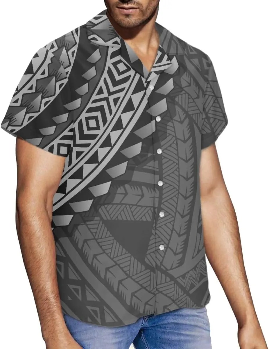 GLUDEAR Men's Summer Polynesian Geometric Button Down Short Sleeve Hawaiian Shirt