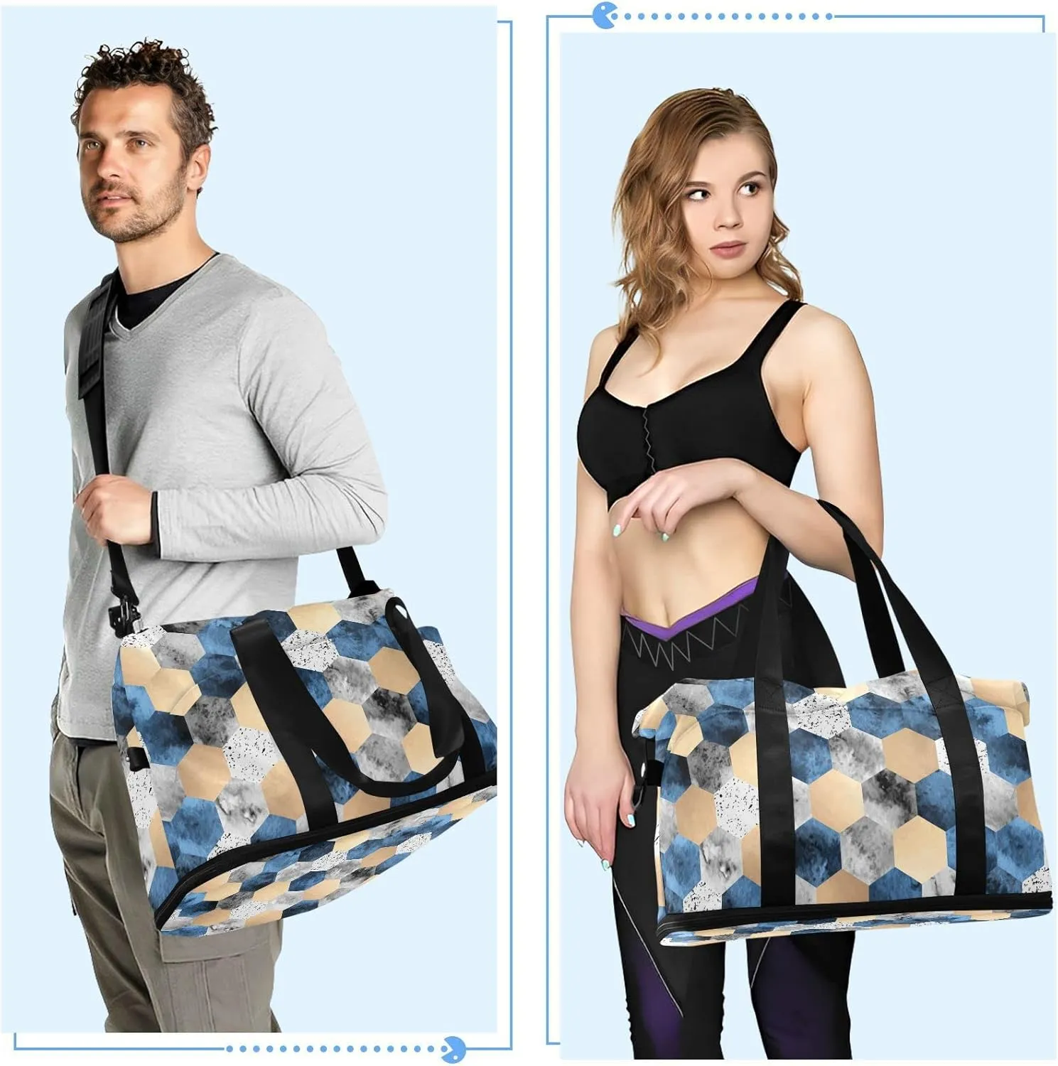 Gold Foil, Gray Marble, Deep Blue Polygons Geometric Hexagon Tile Gym Duffel Bag, Polyester Travel Weekender Luggage Handbag with Waterproof Pocket for Wet Items, Unisex Foldable Tote for Sports