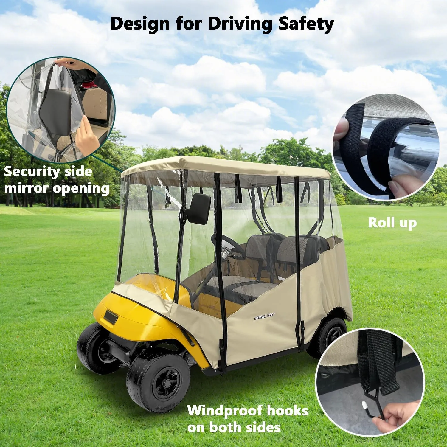 Golf Cart Enclosure 2 Passenger for Ezgo TXT RXV, 4-Sided Clear Window 600D Rain Cover All Weather Windproof Waterproof(Beige)