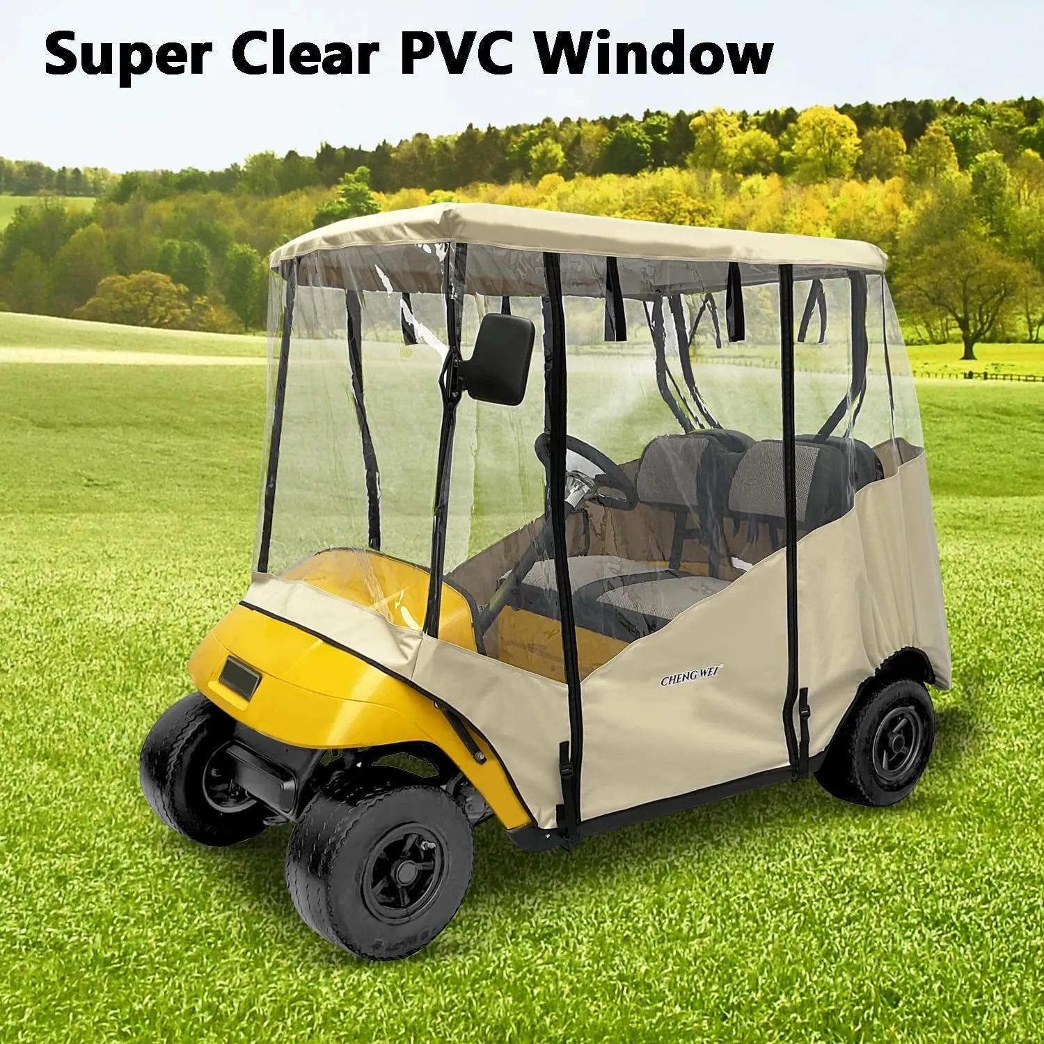 Golf Cart Enclosure 2 Passenger for Ezgo TXT RXV, 4-Sided Clear Window 600D Rain Cover All Weather Windproof Waterproof(Beige)