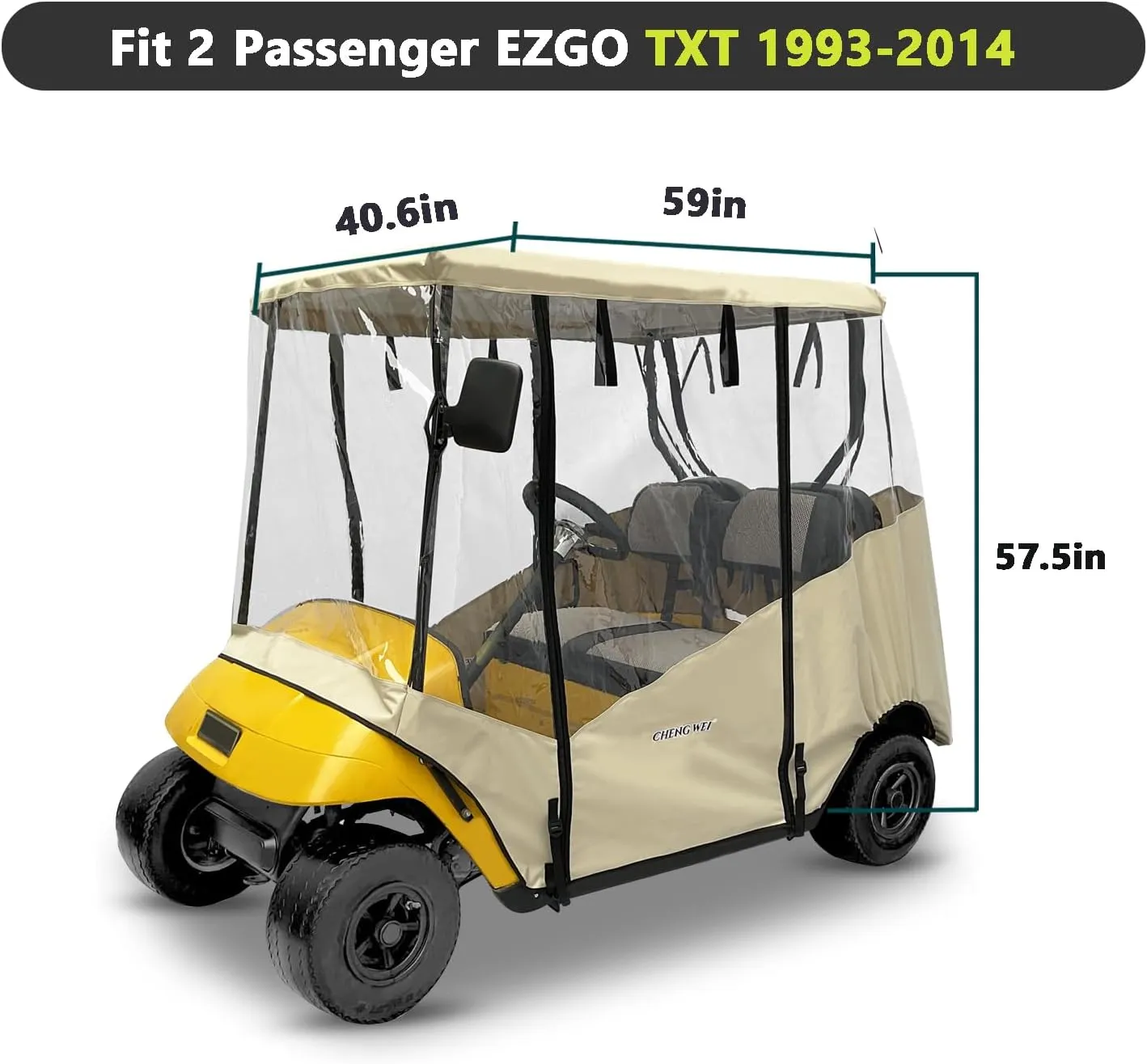 Golf Cart Enclosure 2 Passenger for Ezgo TXT RXV, 4-Sided Clear Window 600D Rain Cover All Weather Windproof Waterproof(Beige)