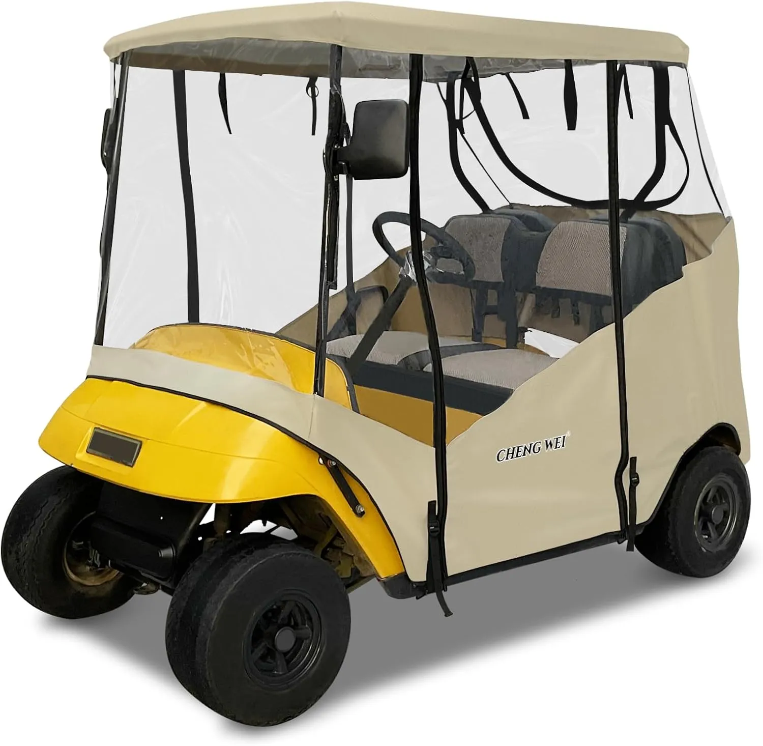 Golf Cart Enclosure 2 Passenger for Ezgo TXT RXV, 4-Sided Clear Window 600D Rain Cover All Weather Windproof Waterproof(Beige)