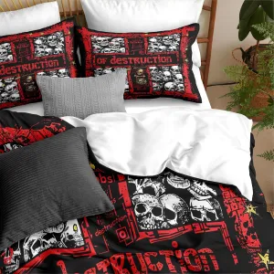 Gothic Skull Comforter Set Queen Size, Black Red Cross Tombstone Bedding Set for Girls Boys, Horror Skeleton Decor Comforter, 3Piece Soft Microfiber Bed Set with 2 Pillowcases