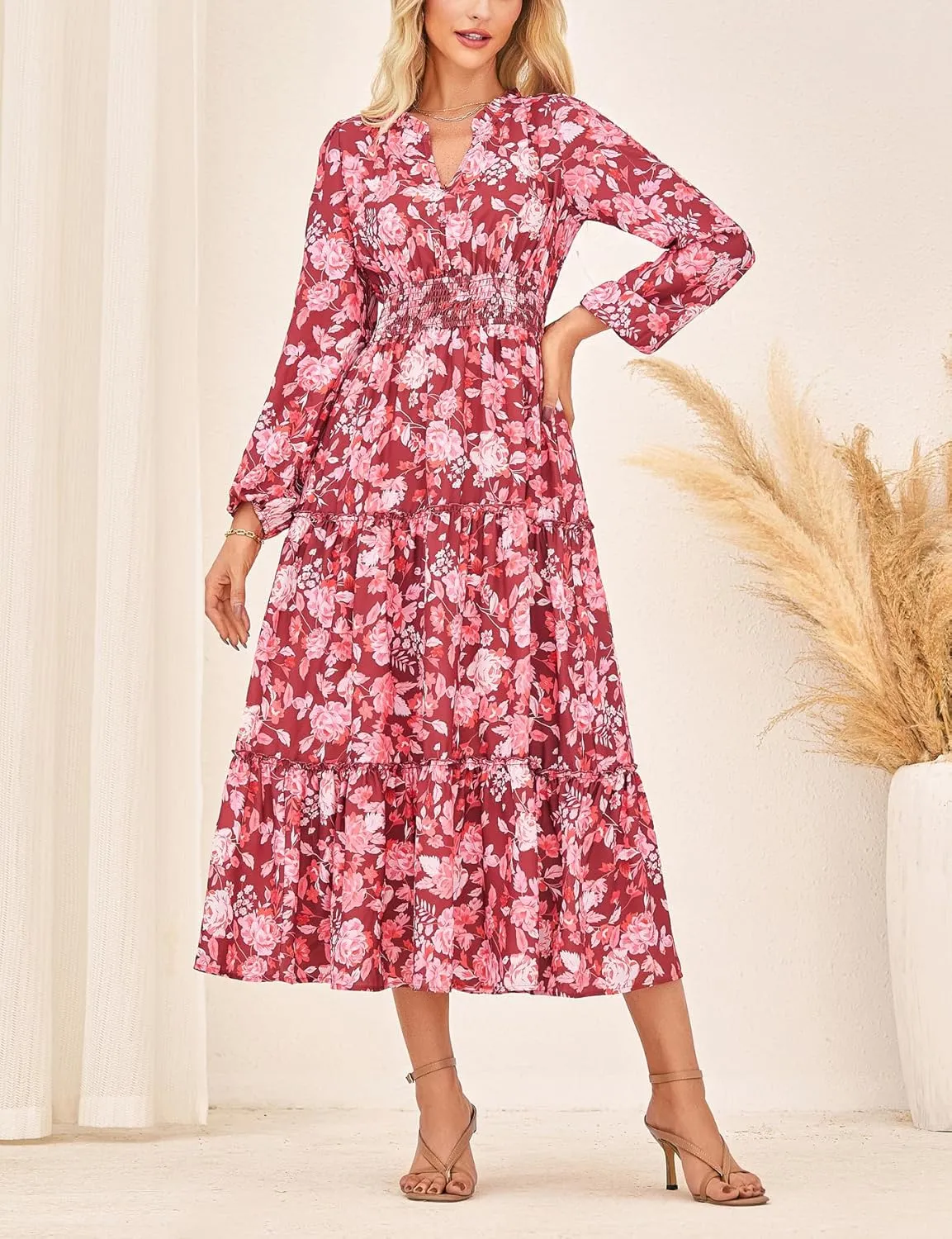 GRACE KARIN Women's Floral Maxi Dress Long Sleeve V Neck Casual A Line Spring Fall Winter Flowy Tiered Dresses with Pockets