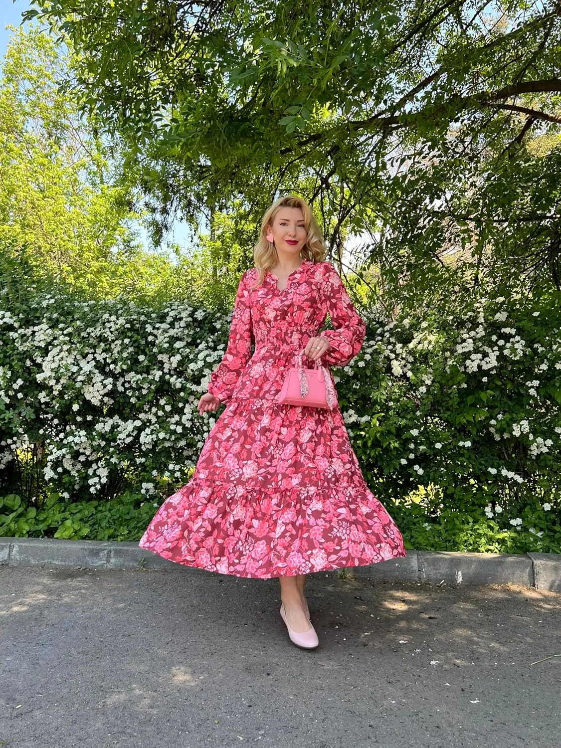 GRACE KARIN Women's Floral Maxi Dress Long Sleeve V Neck Casual A Line Spring Fall Winter Flowy Tiered Dresses with Pockets