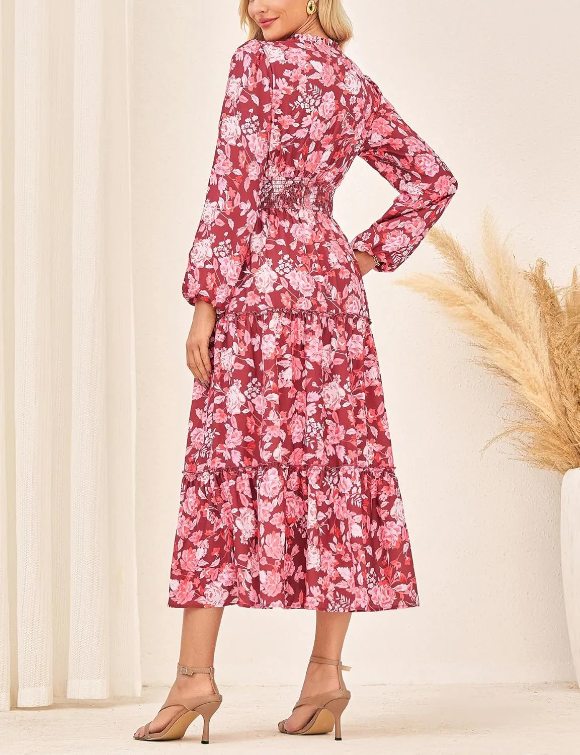 GRACE KARIN Women's Floral Maxi Dress Long Sleeve V Neck Casual A Line Spring Fall Winter Flowy Tiered Dresses with Pockets