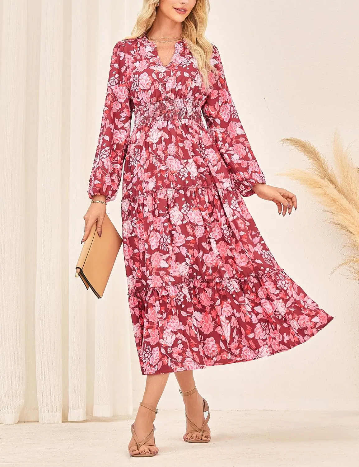 GRACE KARIN Women's Floral Maxi Dress Long Sleeve V Neck Casual A Line Spring Fall Winter Flowy Tiered Dresses with Pockets