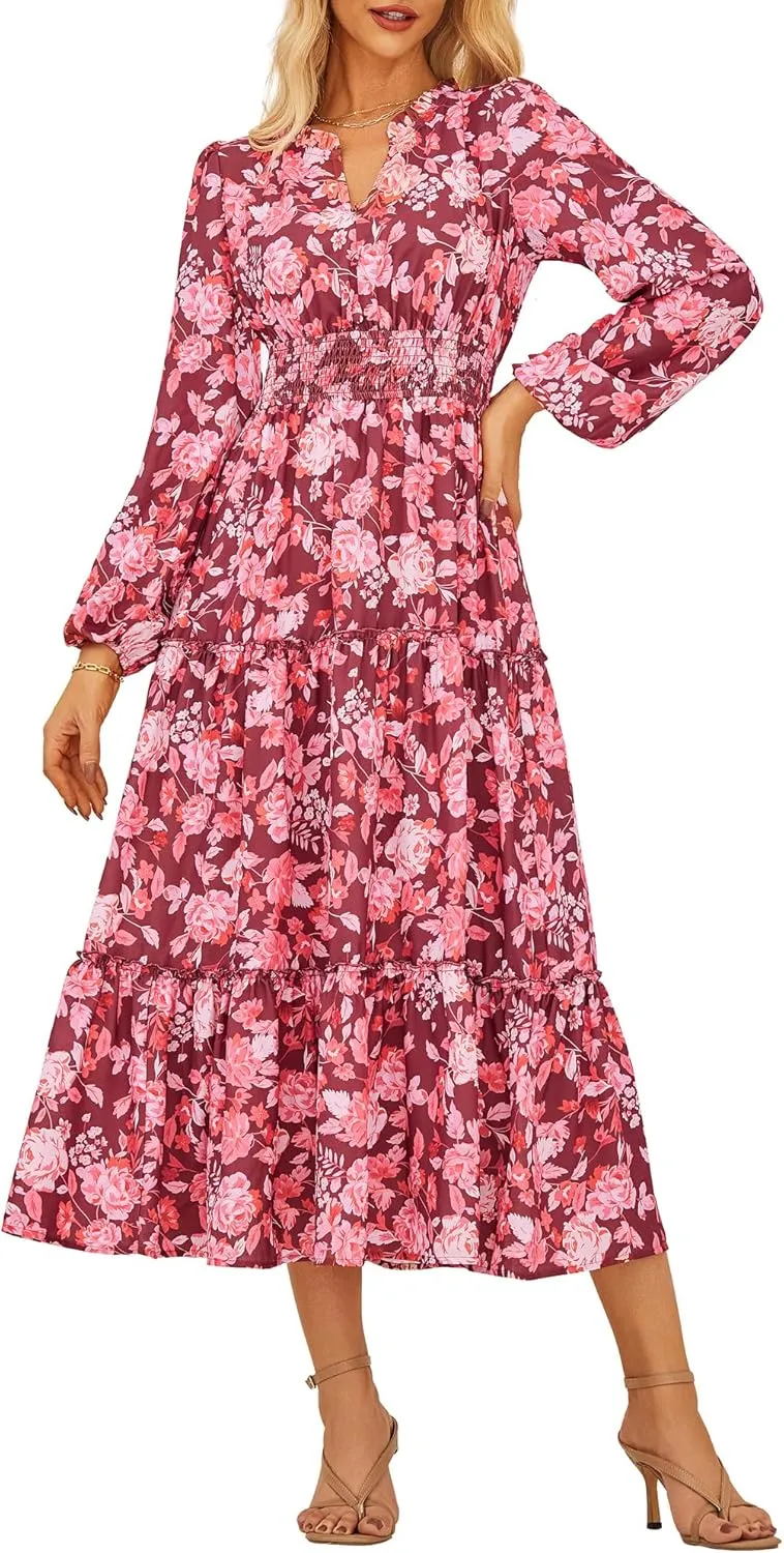 GRACE KARIN Women's Floral Maxi Dress Long Sleeve V Neck Casual A Line Spring Fall Winter Flowy Tiered Dresses with Pockets