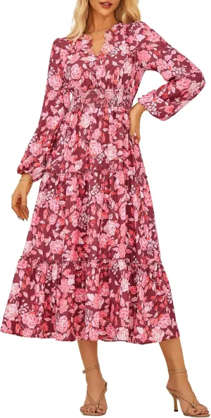 GRACE KARIN Women's Floral Maxi Dress Long Sleeve V Neck Casual A Line Spring Fall Winter Flowy Tiered Dresses with Pockets