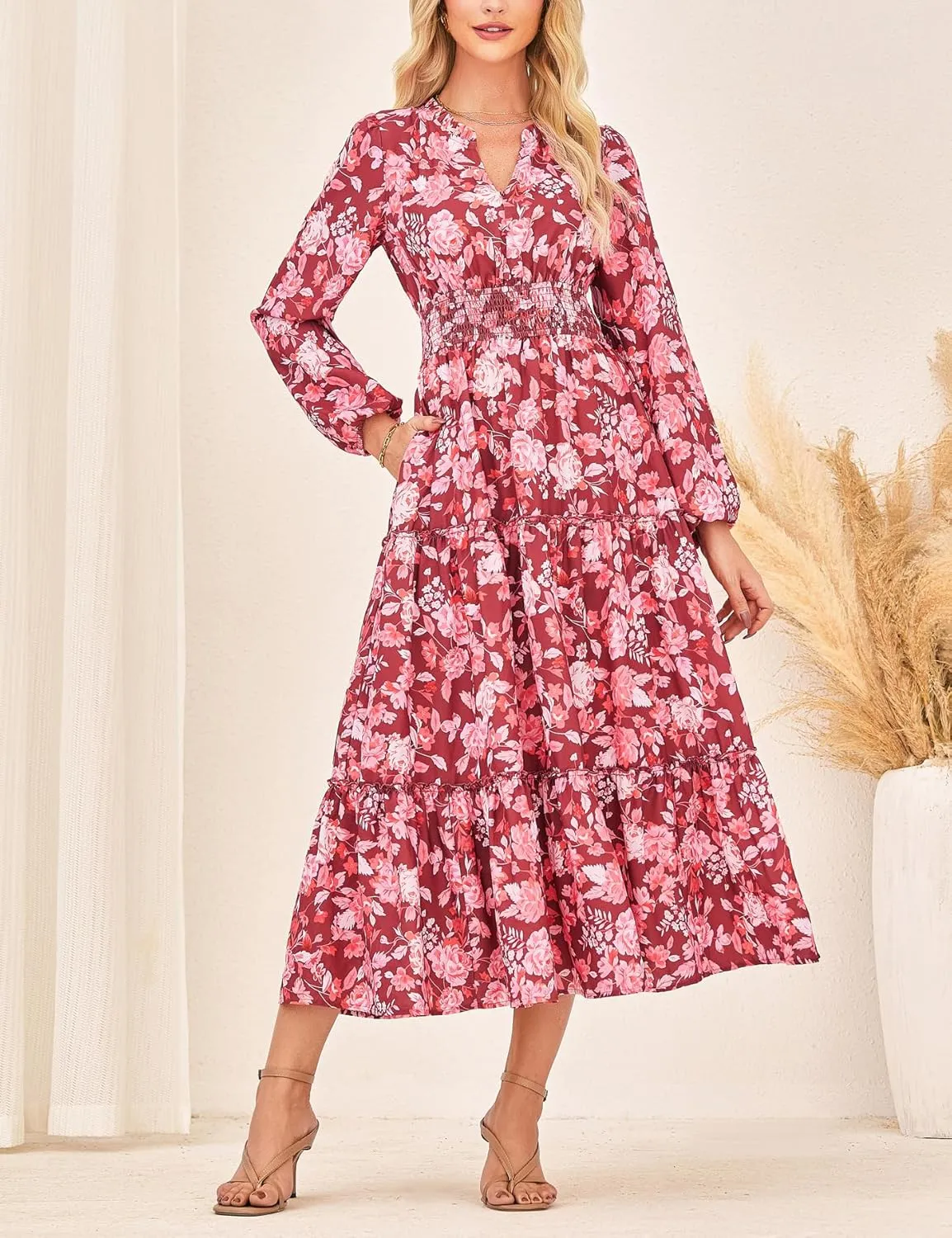 GRACE KARIN Women's Floral Maxi Dress Long Sleeve V Neck Casual A Line Spring Fall Winter Flowy Tiered Dresses with Pockets