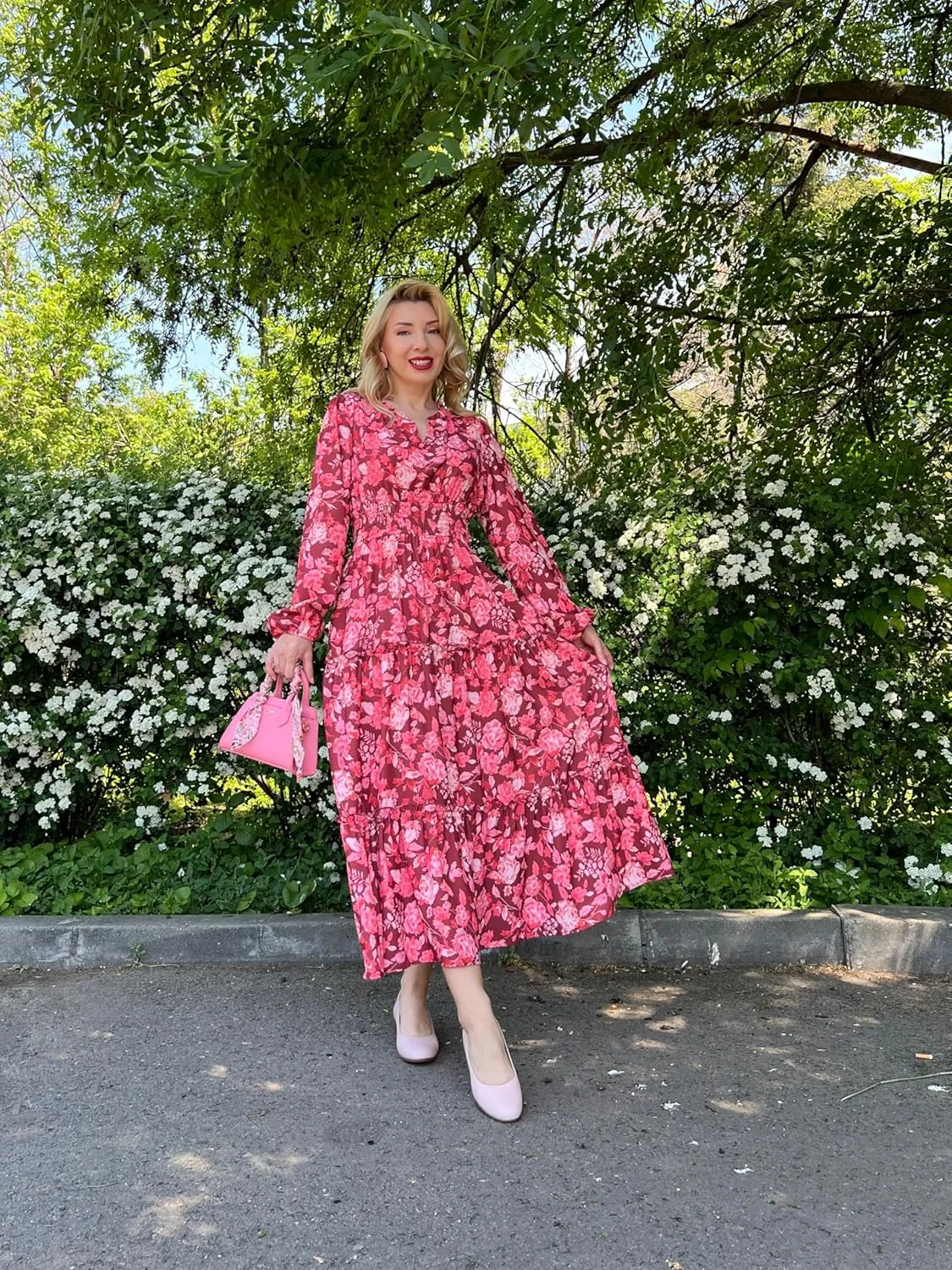 GRACE KARIN Women's Floral Maxi Dress Long Sleeve V Neck Casual A Line Spring Fall Winter Flowy Tiered Dresses with Pockets