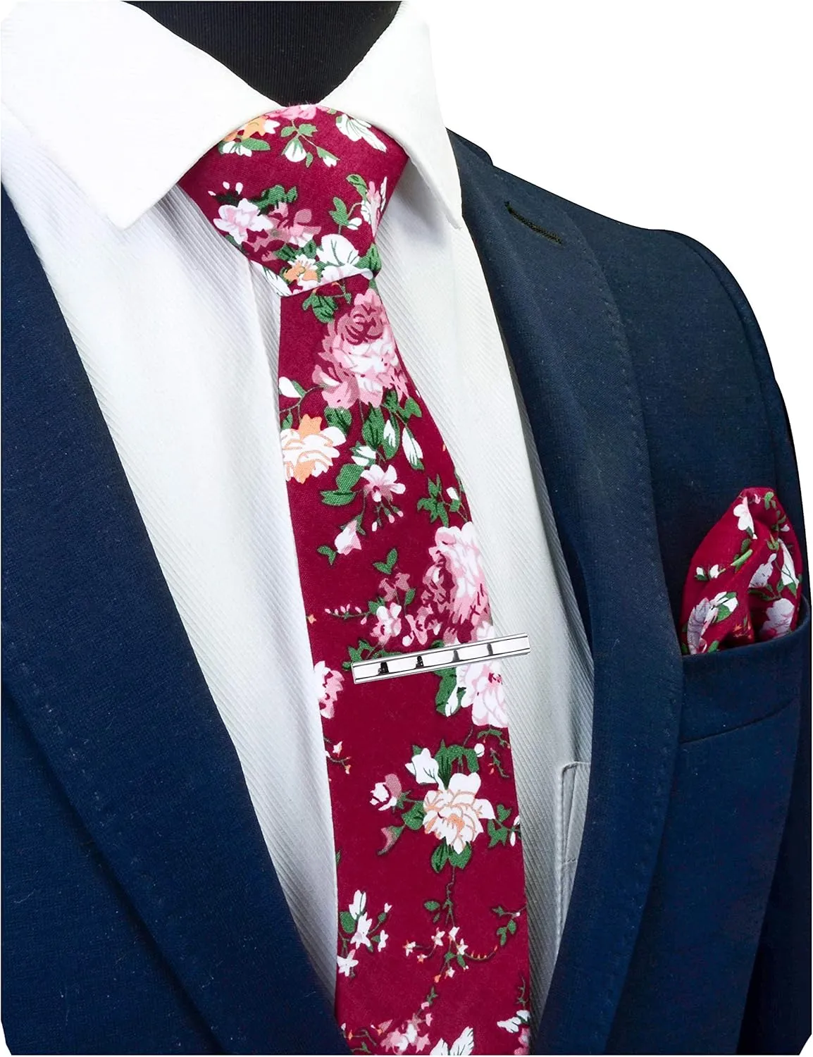 GUSLESON Fashion 2.4"（6cm） Cotton Floral Printed Necktie Tie Clip and Pocket Square Sets   Gift Box