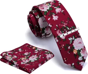 GUSLESON Fashion 2.4"（6cm） Cotton Floral Printed Necktie Tie Clip and Pocket Square Sets   Gift Box