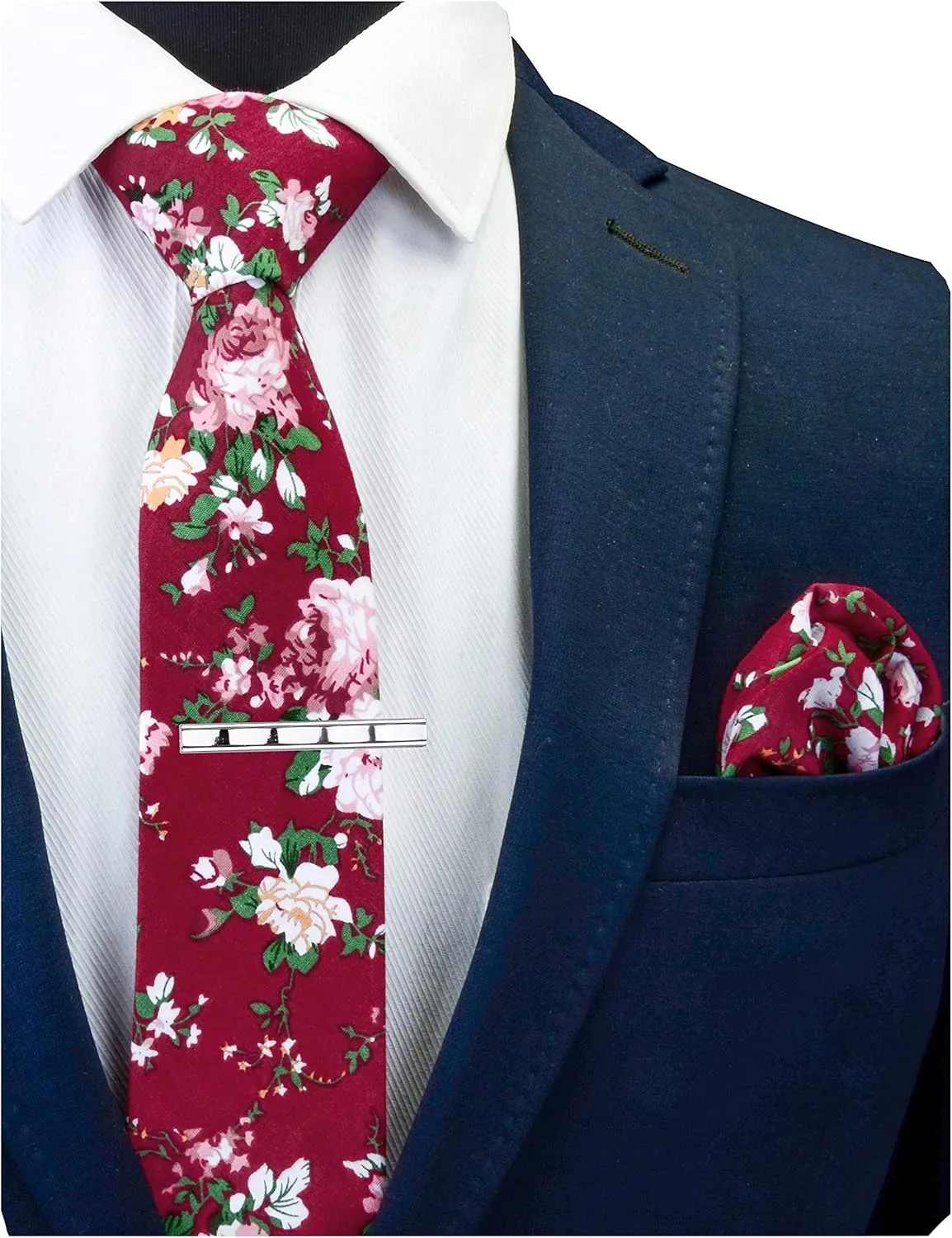 GUSLESON Fashion 2.4"（6cm） Cotton Floral Printed Necktie Tie Clip and Pocket Square Sets   Gift Box