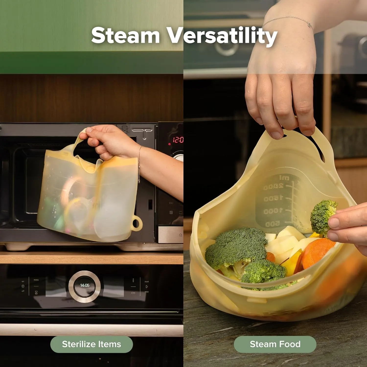 Haakaa Silicone Microwave Steamer & Steriliser Bag, 2000ml Large Capacity Reusable Steaming Bags for Baby Bottles/Breast Pump/Accessories/Pacifiers/Teethers,Great for Home and On-The-Go,Pineapple/1PC