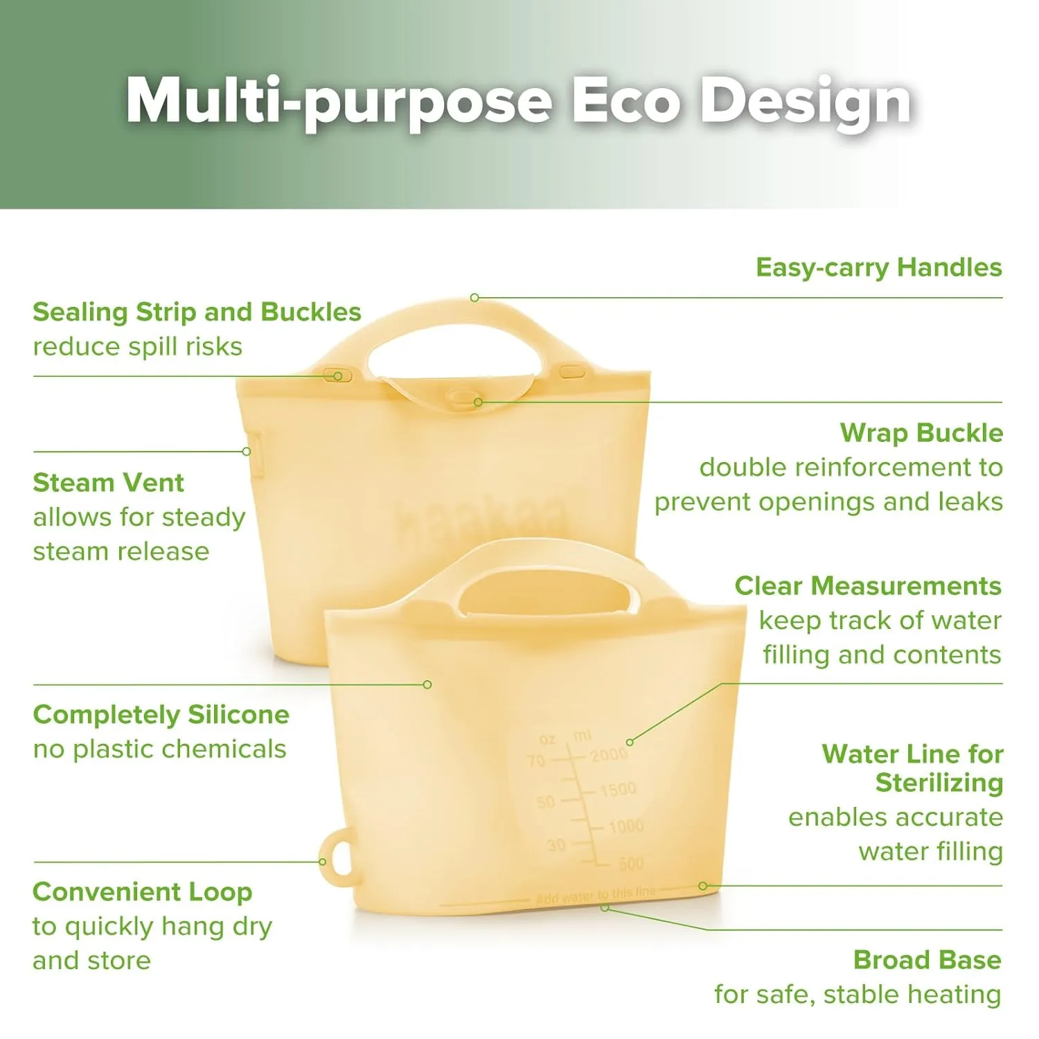 Haakaa Silicone Microwave Steamer & Steriliser Bag, 2000ml Large Capacity Reusable Steaming Bags for Baby Bottles/Breast Pump/Accessories/Pacifiers/Teethers,Great for Home and On-The-Go,Pineapple/1PC