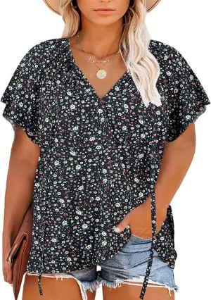Halife Women's Plus Size Boho Tops Floral Printed V Neck Casual Summer Blouses Shirts