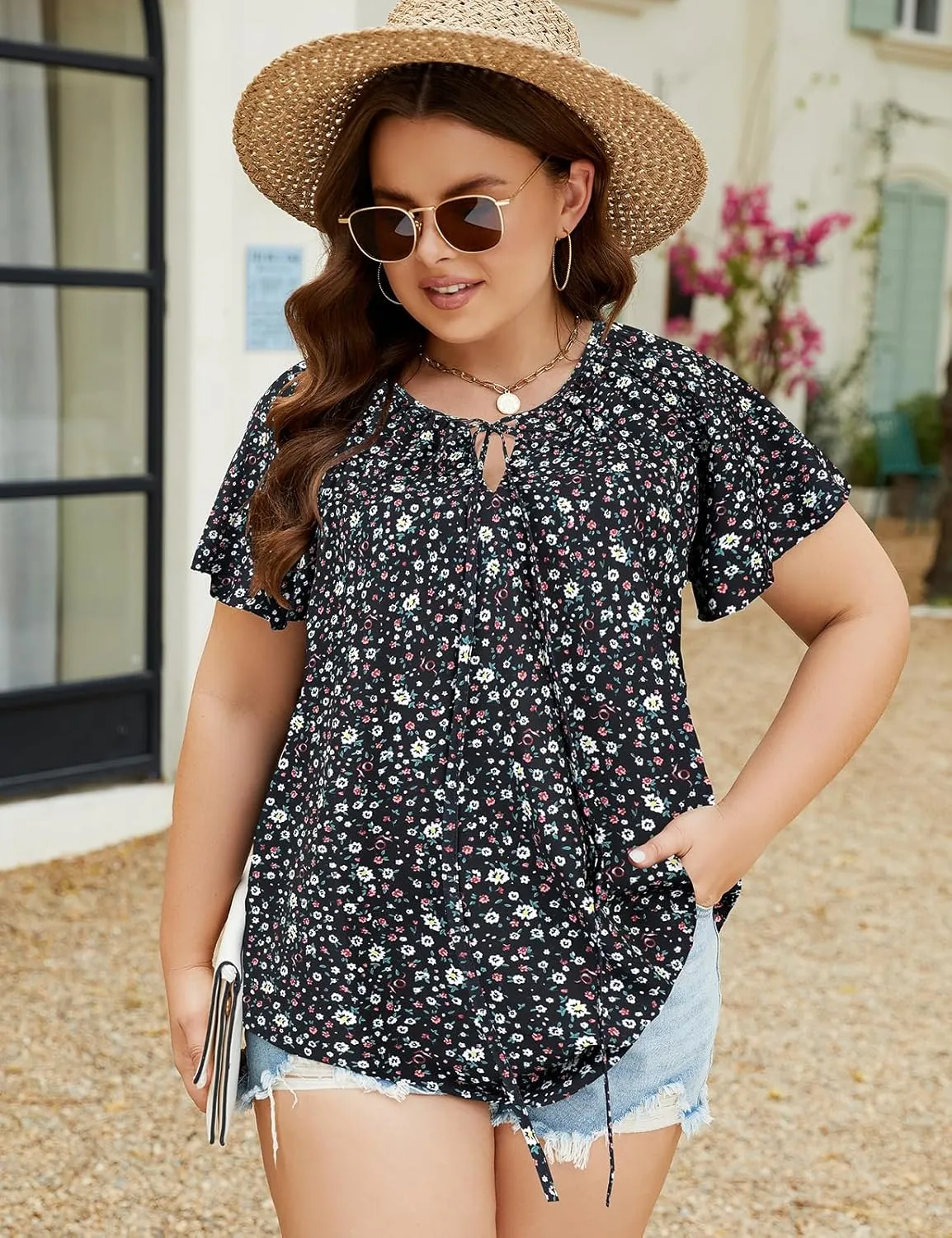 Halife Women's Plus Size Boho Tops Floral Printed V Neck Casual Summer Blouses Shirts