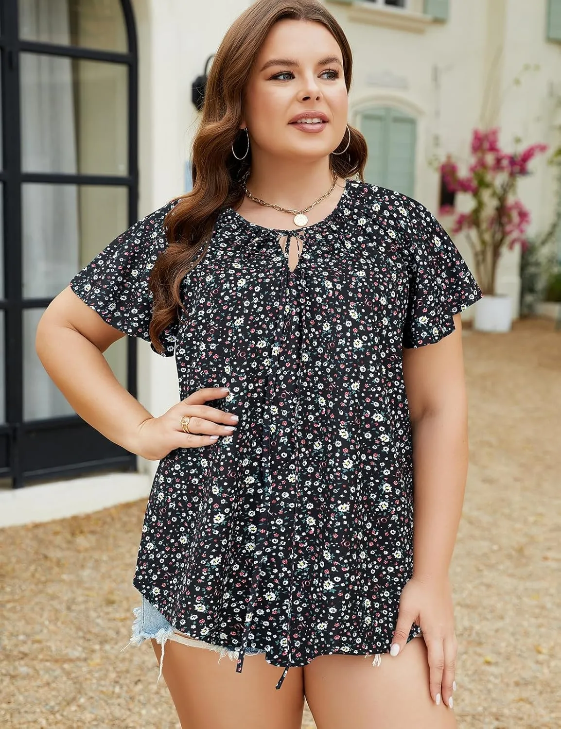 Halife Women's Plus Size Boho Tops Floral Printed V Neck Casual Summer Blouses Shirts