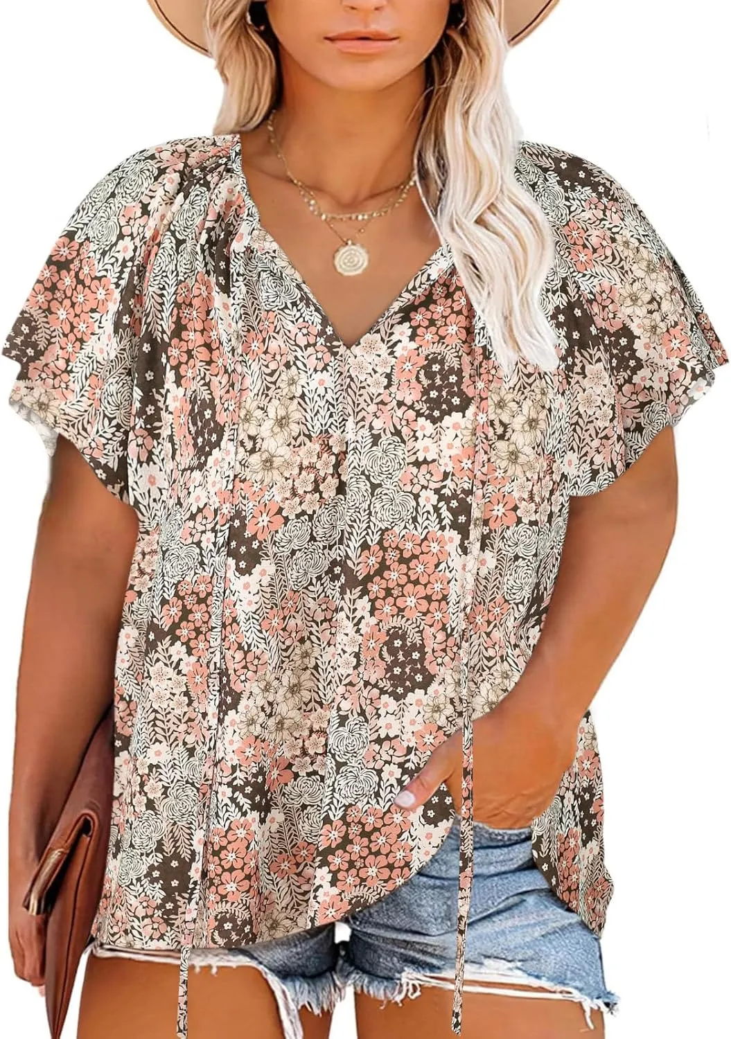 Halife Women's Plus Size Boho Tops Floral Printed V Neck Casual Summer Blouses Shirts