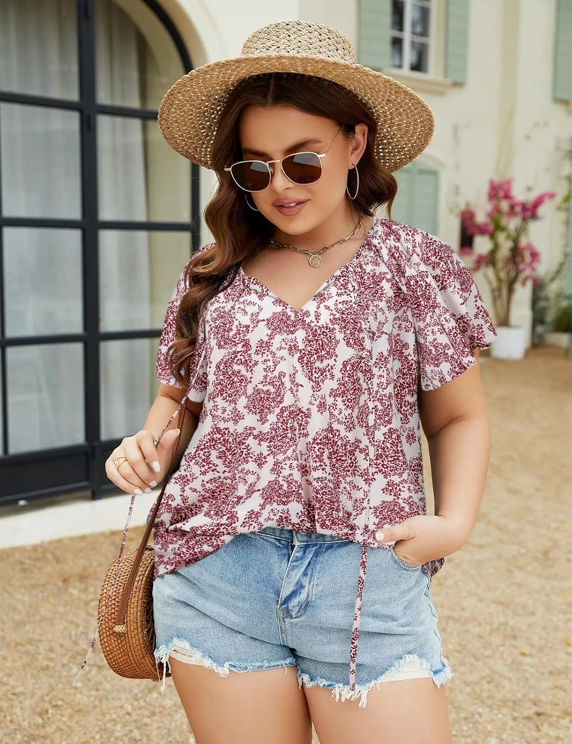 Halife Women's Plus Size Boho Tops Floral Printed V Neck Casual Summer Blouses Shirts