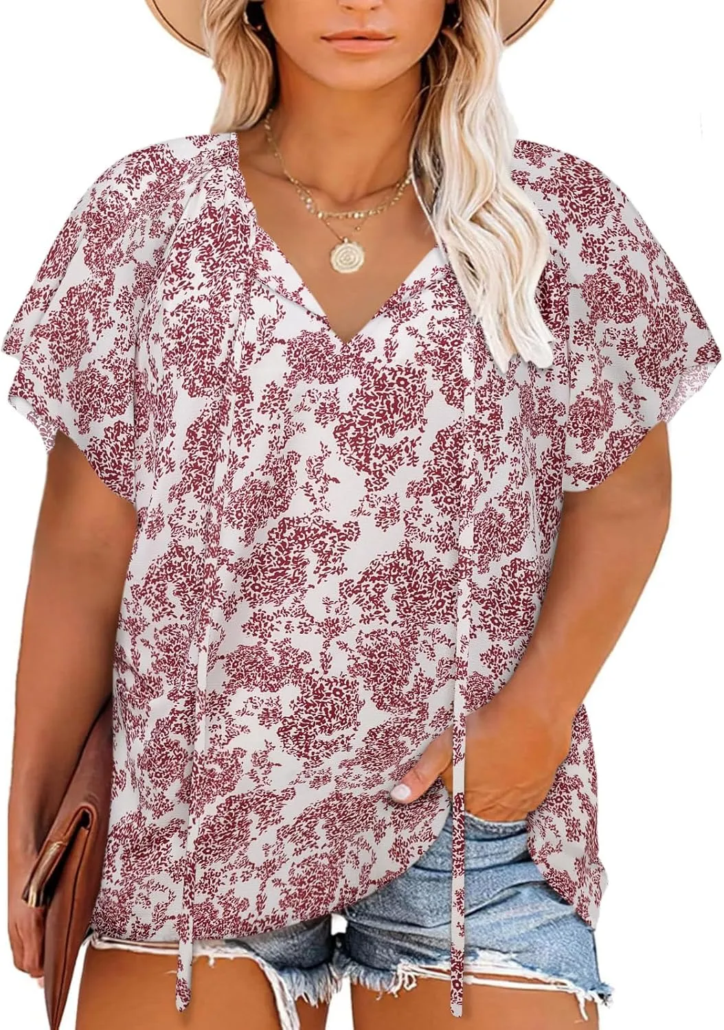 Halife Women's Plus Size Boho Tops Floral Printed V Neck Casual Summer Blouses Shirts
