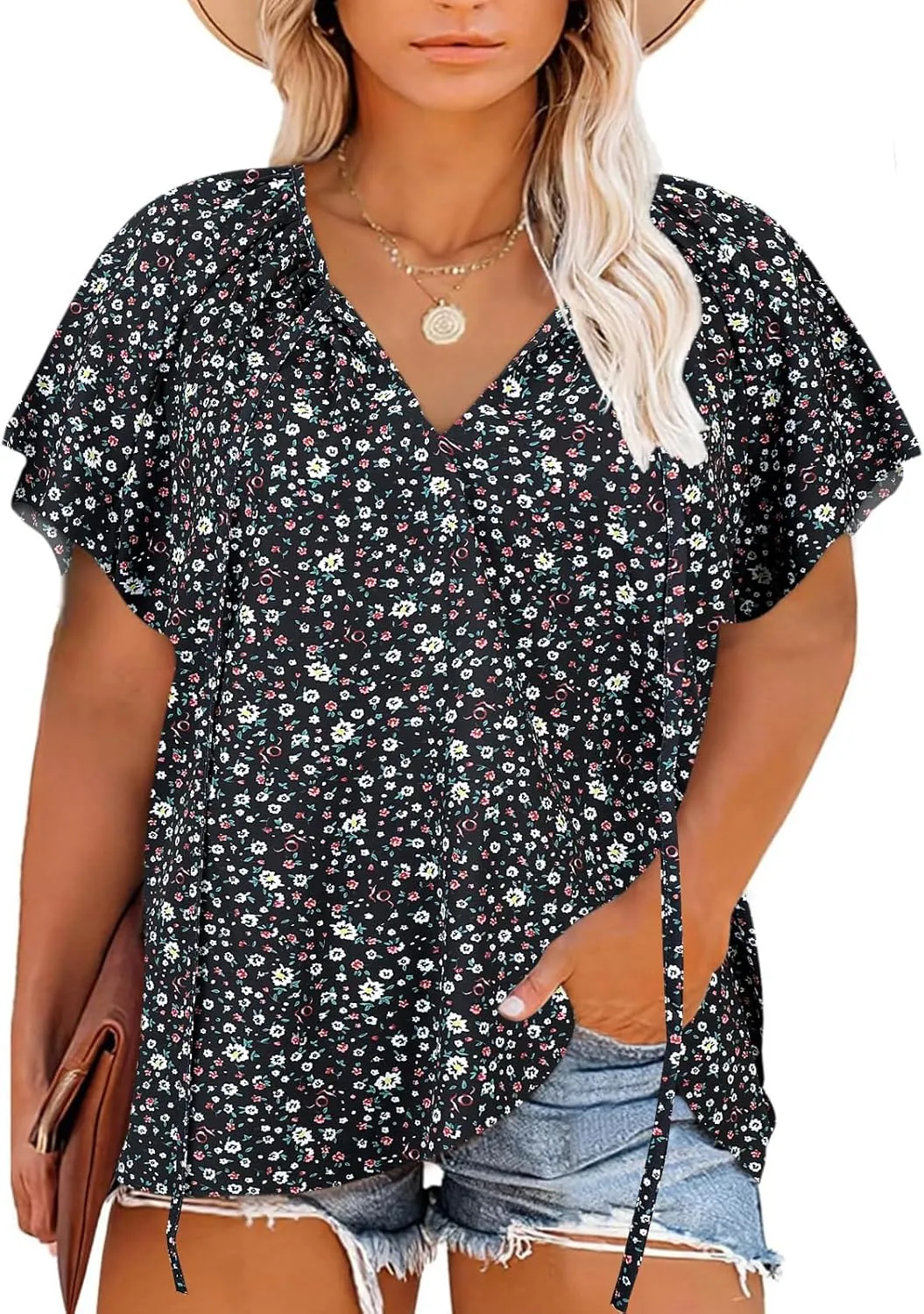 Halife Women's Plus Size Boho Tops Floral Printed V Neck Casual Summer Blouses Shirts