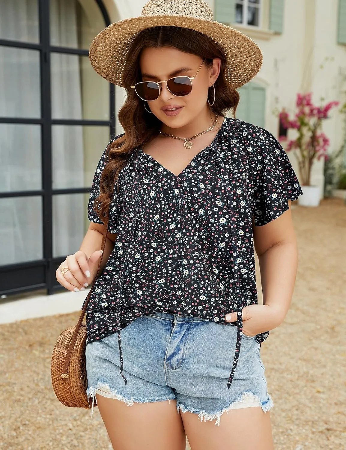 Halife Women's Plus Size Boho Tops Floral Printed V Neck Casual Summer Blouses Shirts