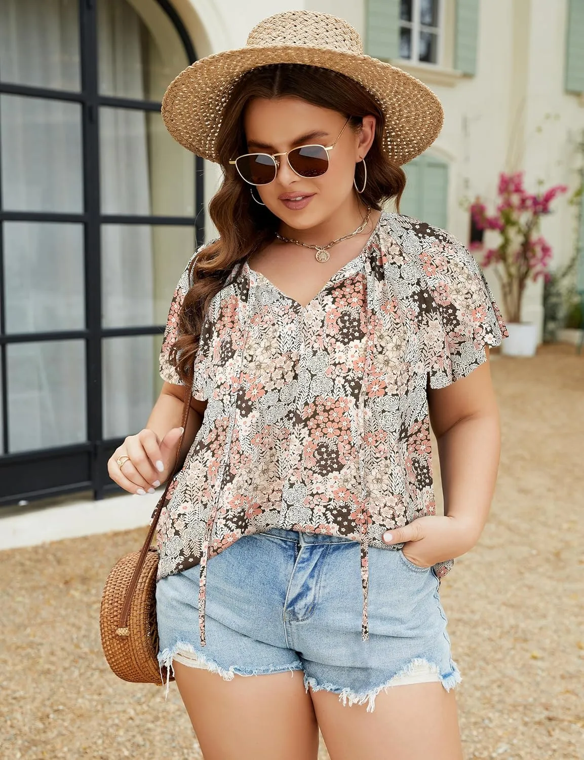 Halife Women's Plus Size Boho Tops Floral Printed V Neck Casual Summer Blouses Shirts