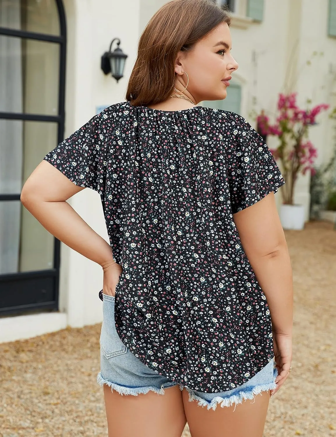 Halife Women's Plus Size Boho Tops Floral Printed V Neck Casual Summer Blouses Shirts