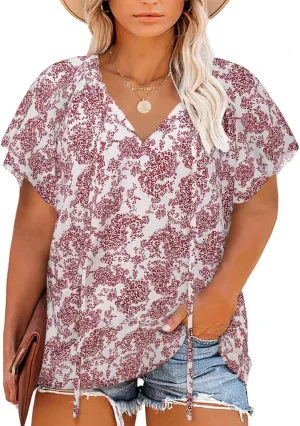 Halife Women's Plus Size Boho Tops Floral Printed V Neck Casual Summer Blouses Shirts