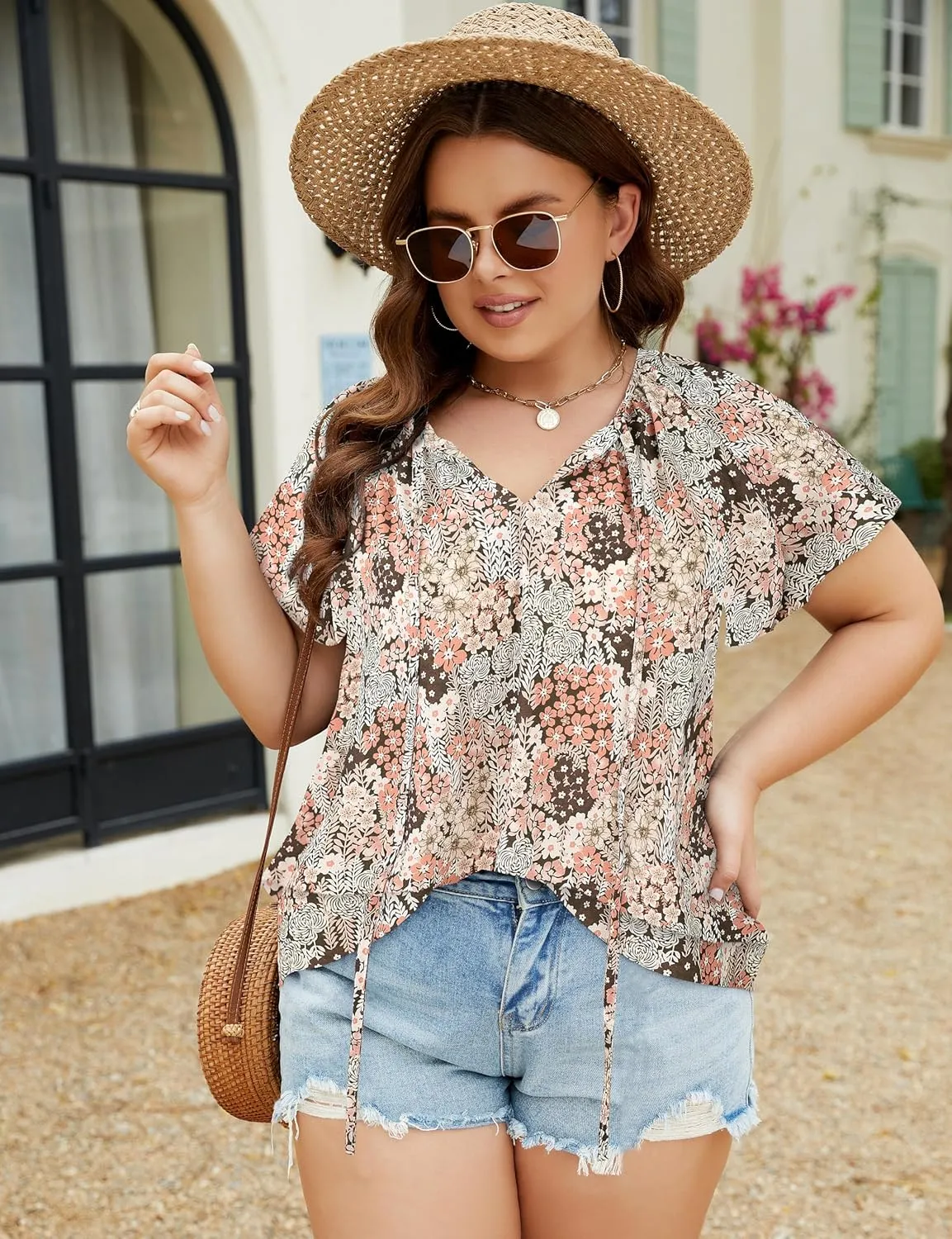 Halife Women's Plus Size Boho Tops Floral Printed V Neck Casual Summer Blouses Shirts