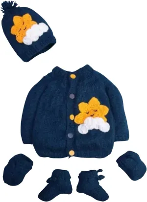 Hand Made 3 Piece Knitted Warm Cozy Baby Crochet Set- Newborn Toddler Wool Sweater Set Includes- Booties & Hat (0-6 Month, Navy Blue)