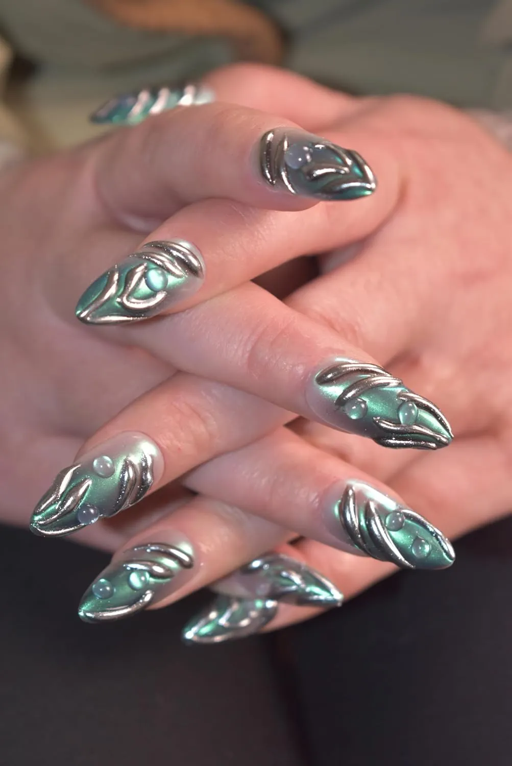 Handmade Press On Nails Almond Medium Fake Nails Punk Metallic Green Flame False Nails Silver Magic Mirror Stick on Nails for Cool and Spicy Women Girls 10 Pcs