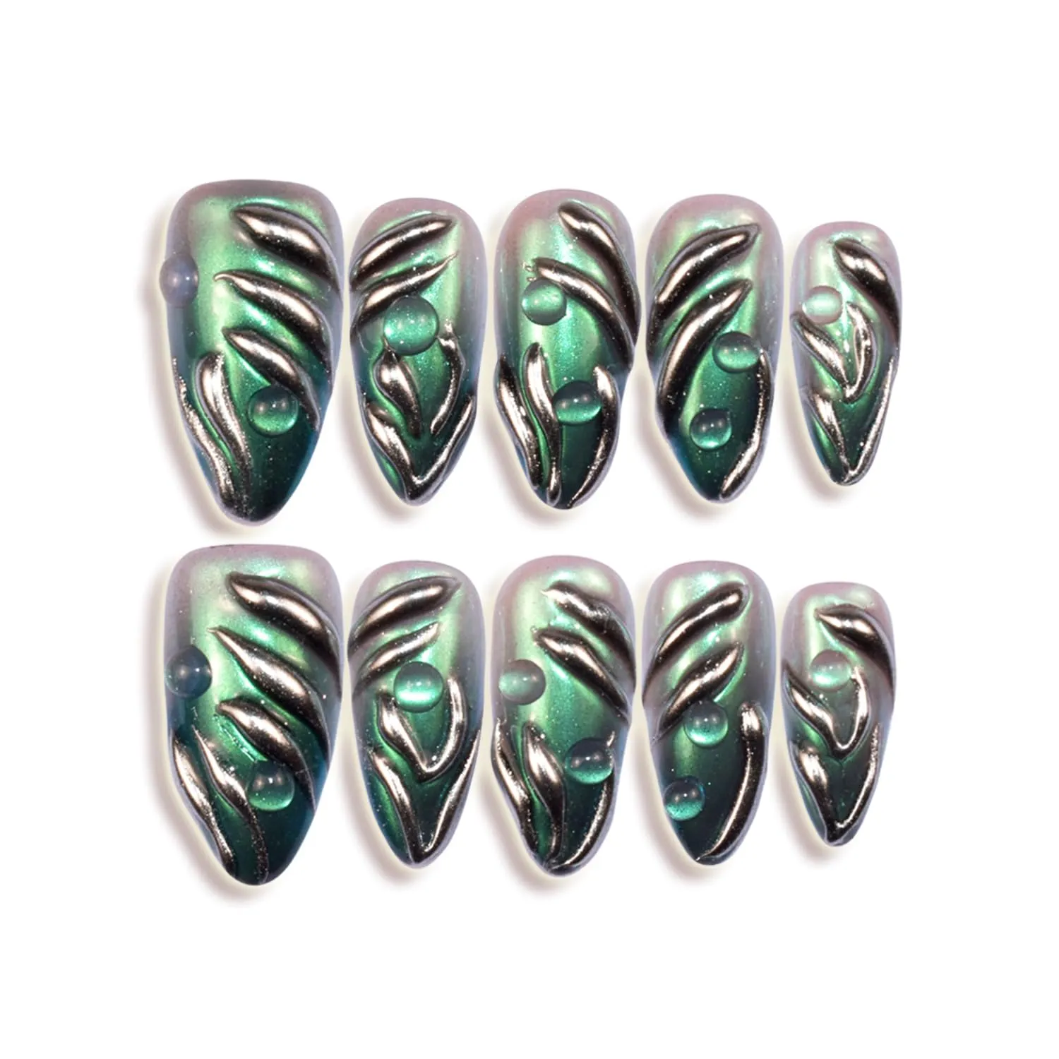 Handmade Press On Nails Almond Medium Fake Nails Punk Metallic Green Flame False Nails Silver Magic Mirror Stick on Nails for Cool and Spicy Women Girls 10 Pcs