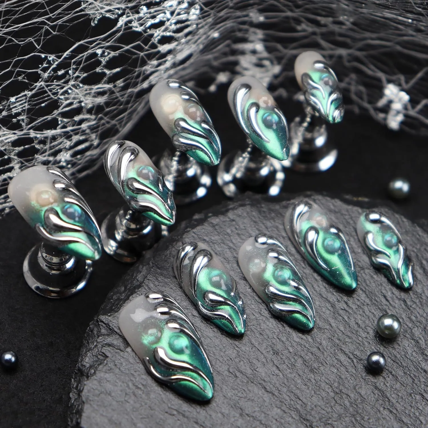 Handmade Press On Nails Almond Medium Fake Nails Punk Metallic Green Flame False Nails Silver Magic Mirror Stick on Nails for Cool and Spicy Women Girls 10 Pcs