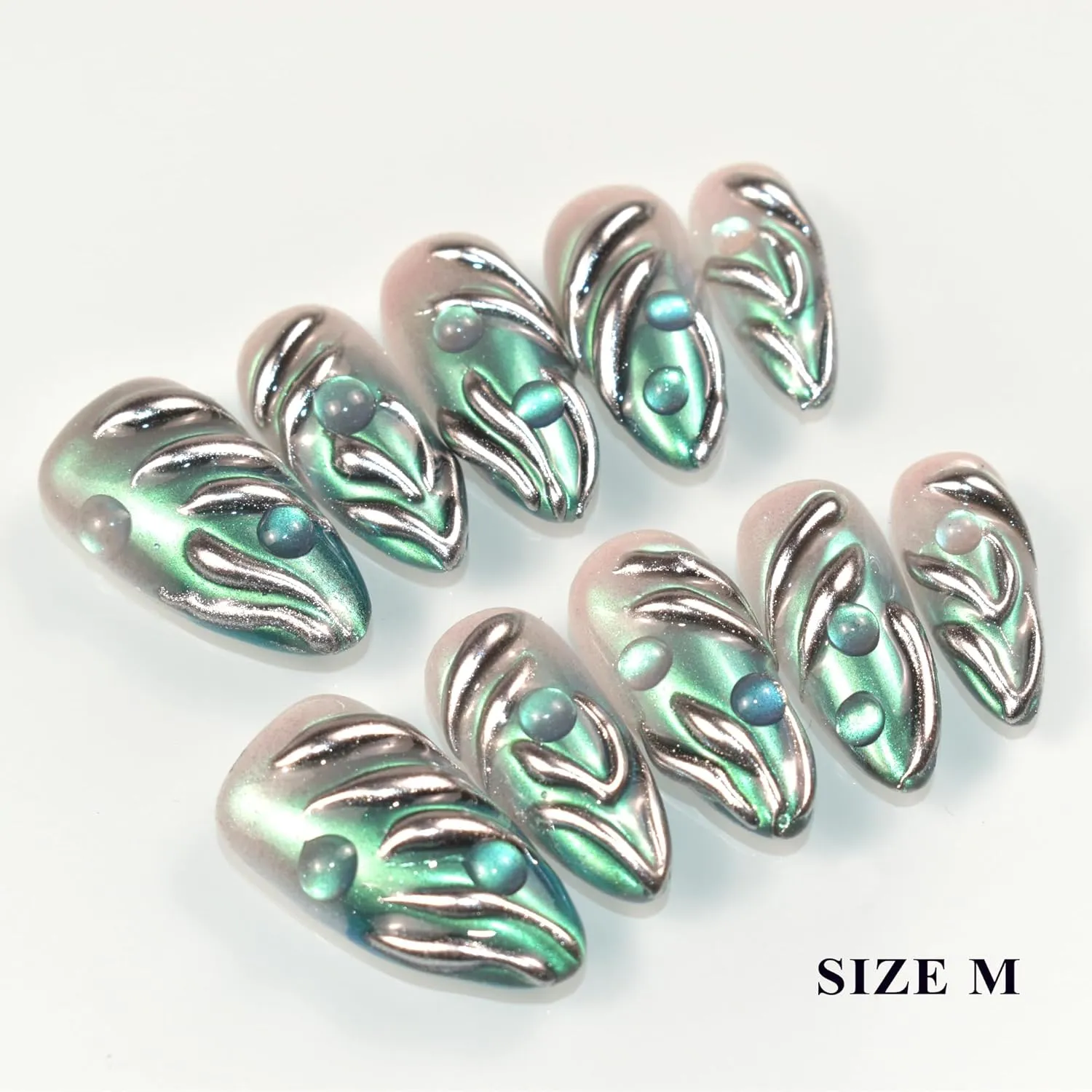 Handmade Press On Nails Almond Medium Fake Nails Punk Metallic Green Flame False Nails Silver Magic Mirror Stick on Nails for Cool and Spicy Women Girls 10 Pcs